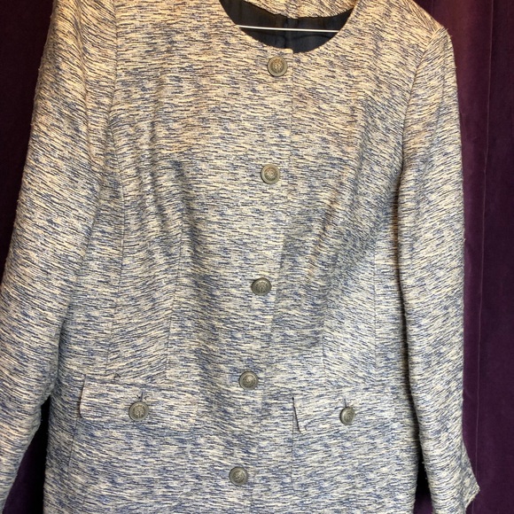 Raw silk style collarless jacket.
